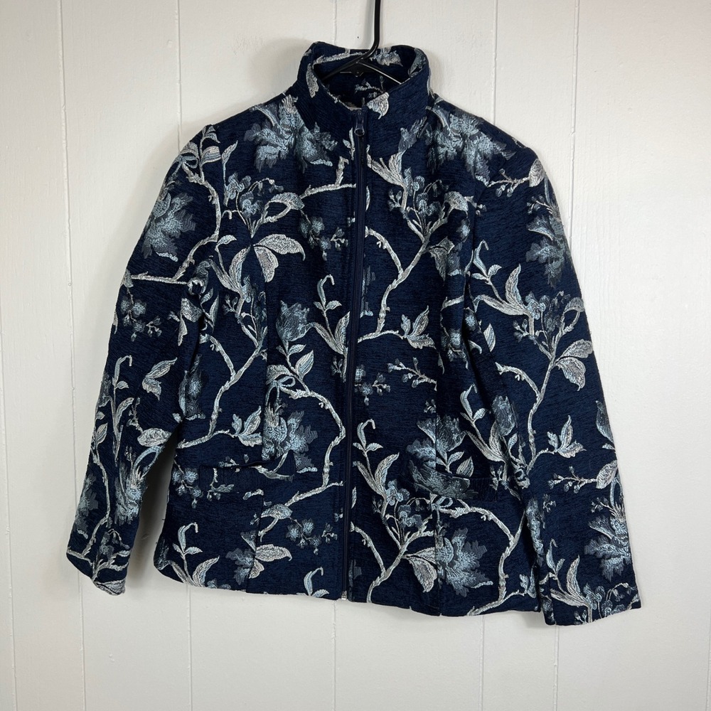Susan Graver Jacket Womens Floral Print Zip Up Coat Navy Blue Size 10‎